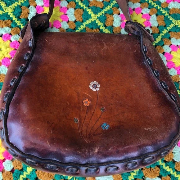RARE vintage stamped Mexico  basket weave tooled leather shoulder hobo rare gem! - Picture 14 of 16